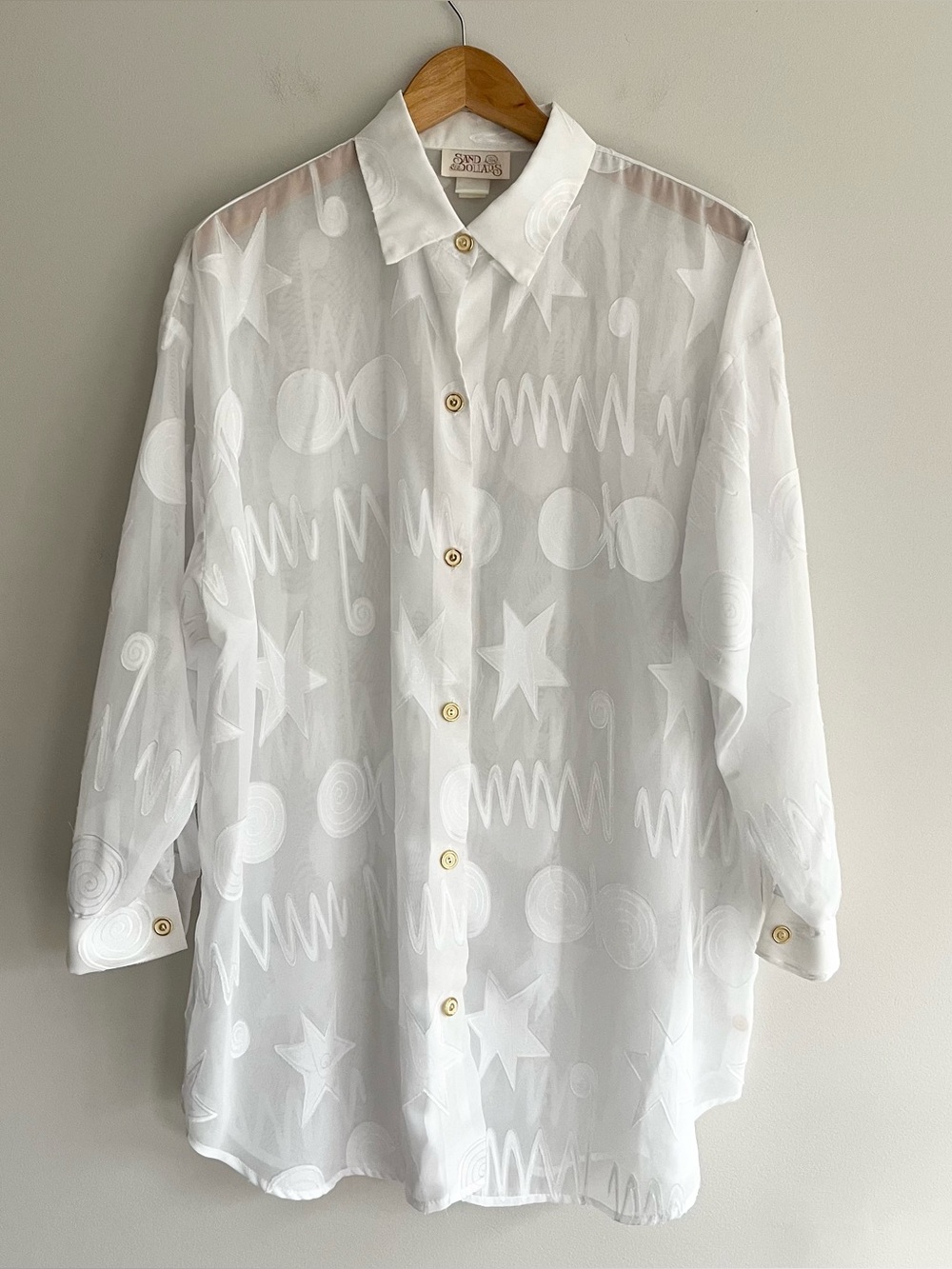 Sand Dollars Vtg White Sheer Geometric Button Down Shirt XXL